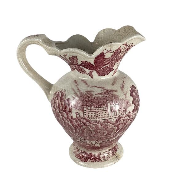 Antique Johnson Brothers White Ironstone Red Transferware Flowers Castle Pitcher - Picture 1 of 6